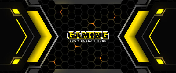 Futuristic black and yellow gaming banner design template with metal technology concept. Vector illustration for business corporate promotion, game header social media, live streaming background