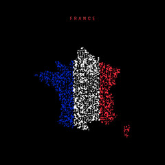 France flag map, chaotic particles pattern in the French flag colors. Vector illustration