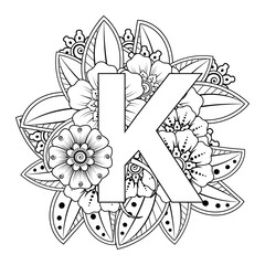 Letter K with Mehndi flower. decorative ornament in ethnic oriental style. coloring book page. 