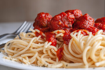 side view of spaghetti and meatballs Macro photography with tomato and garlic salsa and a fork on the side, concept of homemade meals