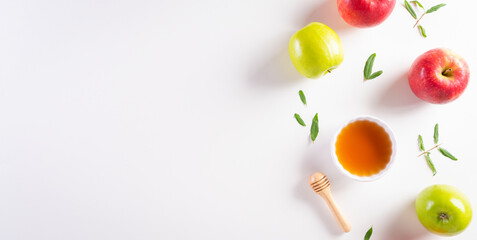 Rosh hashanah (jewish New Year holiday), Concept of traditional or religion symbols on white background.