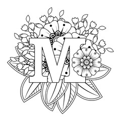 Letter M with Mehndi flower. decorative ornament in ethnic oriental style. coloring book page. 