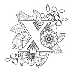 Letter X with Mehndi flower. decorative ornament in ethnic oriental style. coloring book page. 