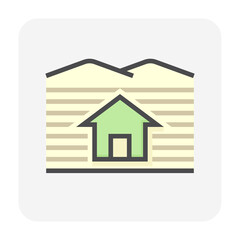 House building in land lot and access road vector icon in perspective view. That real estate or property on roadside for residential, development, owned, sale, rent, buy or investment. 64x64 pixel.
