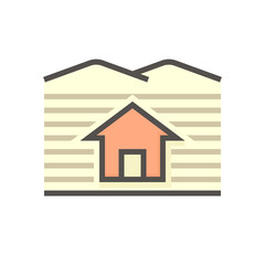 House building in land lot and access road vector icon in perspective view. That real estate or property on roadside for residential, development, owned, sale, rent, buy or investment. 64x64 pixel.
