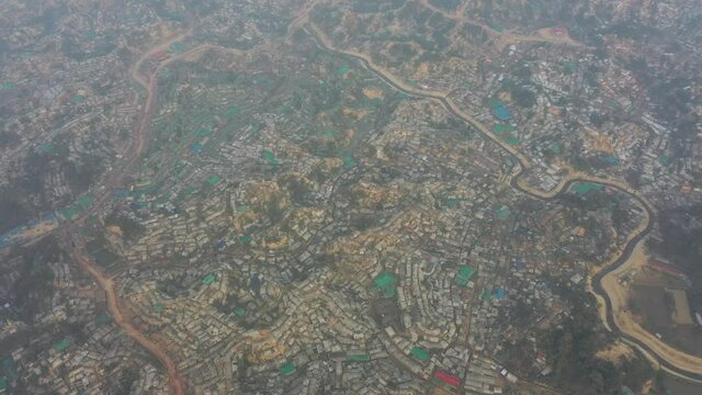 Aerial view of a huge refugee camp with makeshift houses near Myanmar border, Kutupalong Rohingya camp near Ukhia town, Bangladesh.