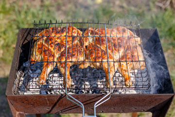 Chicken grilled on a charcoal barbeque brazier