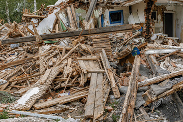Rubble of old ruined house. Pile of construction fragments