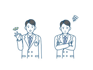 医者　科学者　白衣を着た男性　ＯＫサインと悩むポーズ　イラスト素材