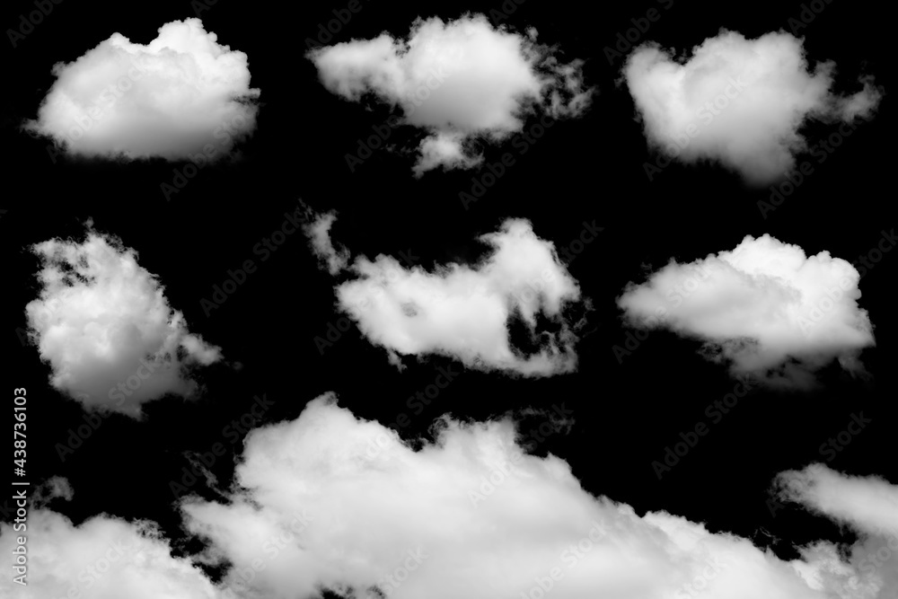 Wall mural set of isolated clouds on black background.