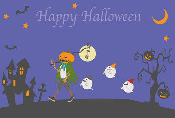 Obraz premium ハロウィンで行進するカボチャとゴーストたち