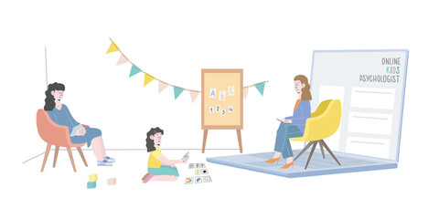 Online psychological counseling with chieldren concept. Psychologist and her small patient are having video call using modern technology laptop