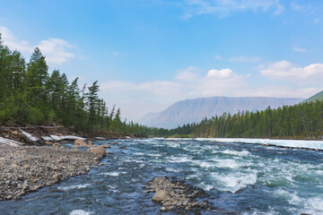 River Hoisey. Polar day on Putorana Plateau, Russia