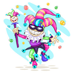 Obraz na płótnie Canvas Colorful illustration of a jumping jolly joker. Children's bright illustration. Use the product for printing on clothing, accessories, party decorations, labels and stickers, kids room decoration.