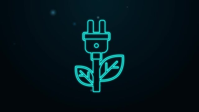Glowing neon line Electric saving plug in leaf icon isolated on black background. Save energy electricity. Environmental protection. Bio energy. 4K Video motion graphic animation