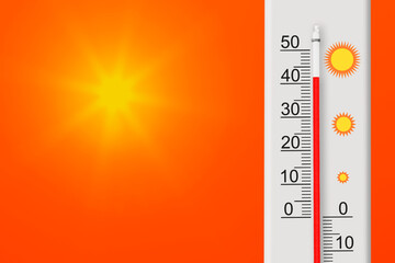 Celsius scale hermometer shows plus 42 degrees . Yellow sun in red sky. Summer heat