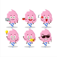 Cotton candy strawberry cartoon character with various types of business emoticons