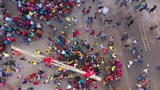 Aerial view of people celebrating Rash Mela, a principal festival and fair for Hindu community in Kamalganj, Sylhet province, Bangladesh.