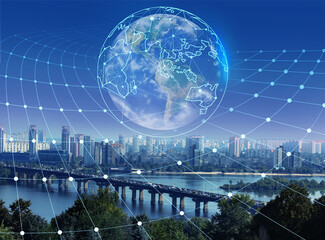 Modern city and digital model of Earth with location pointers. Concept of internet