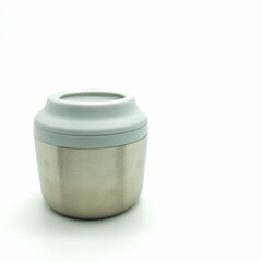 Stainless steel thermos for snacks. Wide neck, plastic screw cap. Close-up. Isolated on white background
