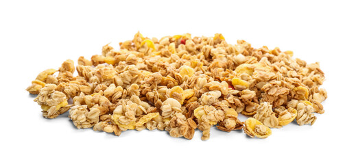 Heap of tasty granola on white background