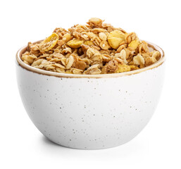 Bowl with tasty granola on white background