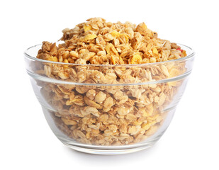 Bowl with tasty granola on white background