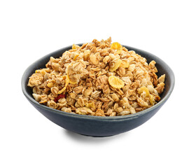 Bowl with tasty granola on white background