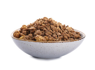 Bowl with tasty granola on white background
