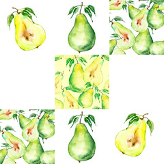 Seamless watercolor pattern with a picture of a pear fruit. Apply in the field of design, packaging, textile. Portion of pear, cut. Fruit with a leaf. Nice mix, design, with a fruity pear pattern. 