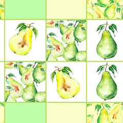 Seamless watercolor pattern with a picture of a pear fruit. Apply in the field of design, packaging, textile. Portion of pear, cut. Fruit with a leaf. Nice mix, design, with a fruity pear pattern. 