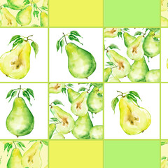 Seamless watercolor pattern with a picture of a pear fruit. Apply in the field of design, packaging, textile. Portion of pear, cut. Fruit with a leaf. Nice mix, design, with a fruity pear pattern. 