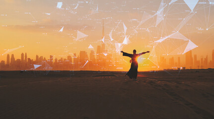 Woman rised her arms on the Dubai city background with on sunset. City connected to 5G technology