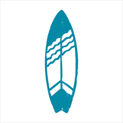 Textured blue surfboard isolated on white background. Vector shabby hand drawn illustration