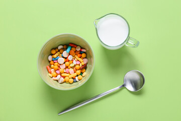 Bowl with pills and jug of milk on color background. Concept of addiction