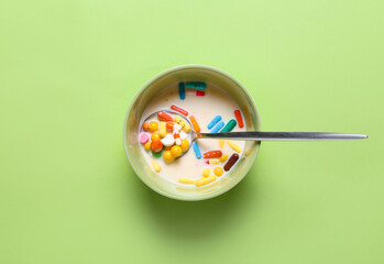 Bowl with pills and milk on color background. Concept of addiction