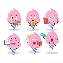 A picture of cotton candy strawberry cartoon character concept reading an amusing book