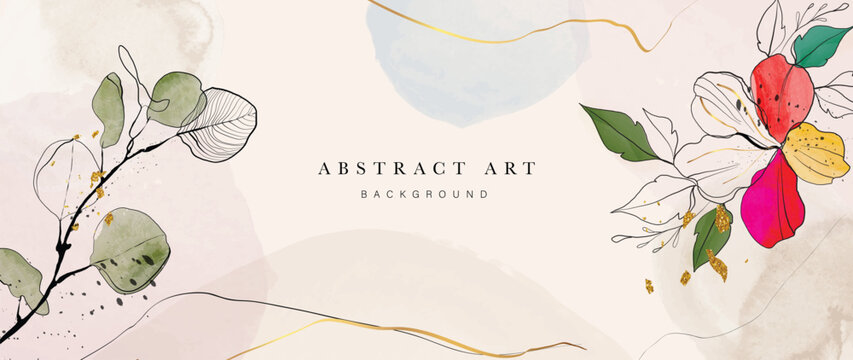 Abstract art background vector. Luxury minimal style wallpaper with golden line art flower and botanical leaves, Organic shapes, Watercolor. Vector background for banner, poster, Web and packaging.