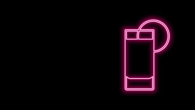 Glowing neon line Tequila glass with lemon icon isolated on black background. Mexican alcohol drink. 4K Video motion graphic animation
