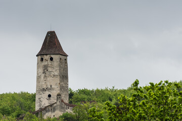 Fototapeta na wymiar tower with windows and a roof on a green hill