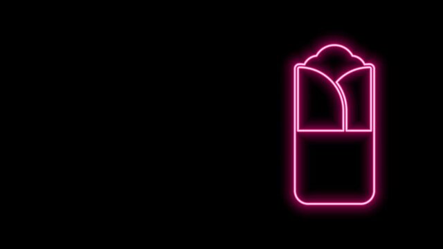 Glowing neon line Burrito icon isolated on black background. Traditional mexican fast food. 4K Video motion graphic animation