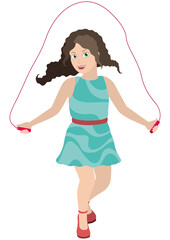 Girl with a jump rope / Illustration cartoon girl. She is skipping rope