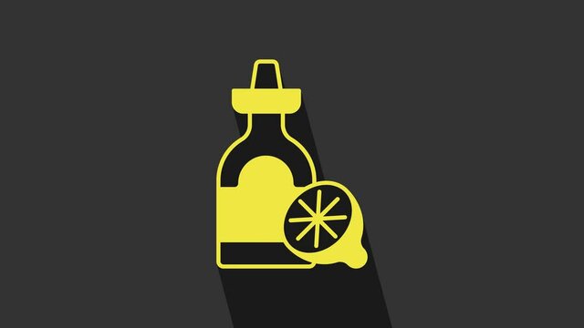 Yellow Tequila bottle with lemon icon isolated on grey background. Mexican alcohol drink. 4K Video motion graphic animation