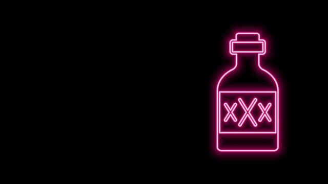 Glowing neon line Tequila bottle icon isolated on black background. Mexican alcohol drink. 4K Video motion graphic animation