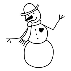 Hand drawn vector Christmas doodle funny snowman. Holiday linear illustration