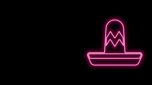 Glowing neon line Traditional mexican sombrero hat icon isolated on black background. 4K Video motion graphic animation