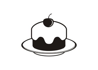 Creamy cake with cherry topping. Simple illustration in black and white.