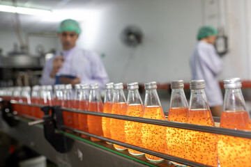 workers in factory checking products. workers inspecting production line at drinks production factory. working Concept
