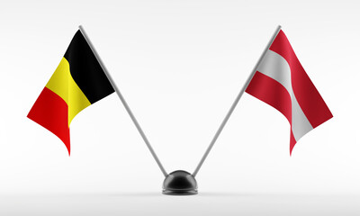 Stand with two national flags. Flags of Belgium and Austria. Isolated on a white background. 3d rendering