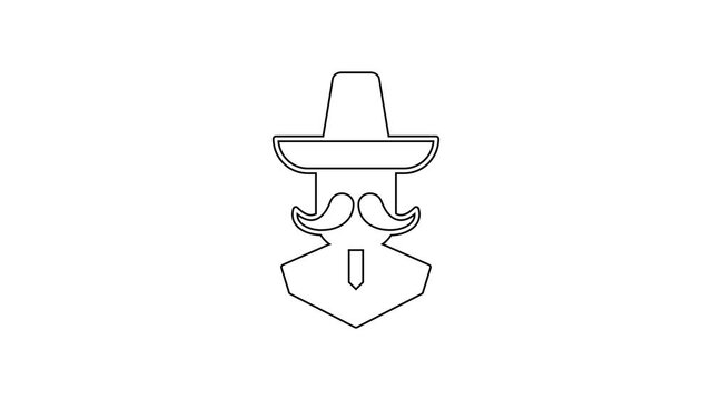 Black line Mexican man wearing sombrero icon isolated on white background. Hispanic man with a mustache. 4K Video motion graphic animation
